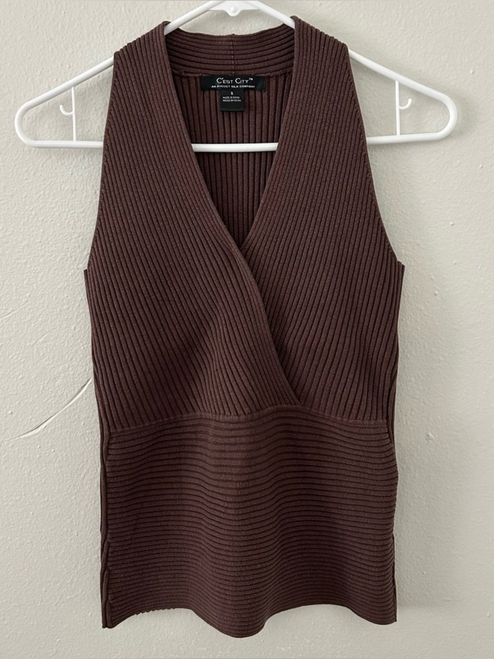 Vintage Y2K 90s Cest City Brown Ribbed Knit Silk Blend Halter Tank Top Womens S